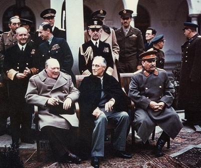 british prime minister winston churchill,  u.s. president franklin roosevelt and soviet leader joseph stalin at yalta conference, february 1945